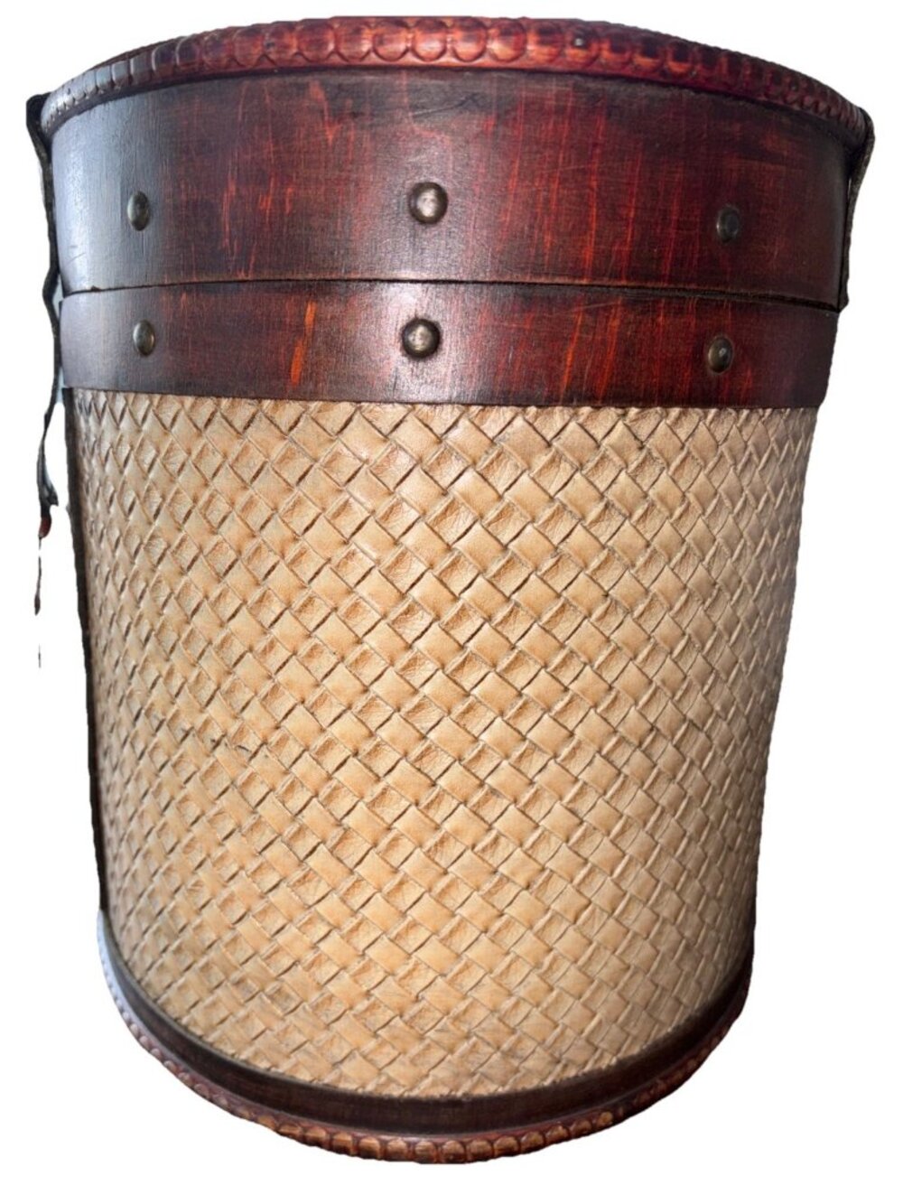 VTG. Antique Leather & Rattan Wood Storage Box Or Basket Travel Hat Box 12w x 15 - Picture 5 of 13